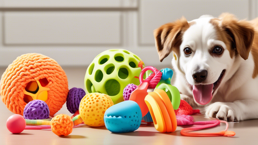 Create a vibrant and playful image of various top-rated chew toys for pets, including dogs and cats, in a colorful, pet-friendly setting. The scene should feature happy, energetic pets engaging with t