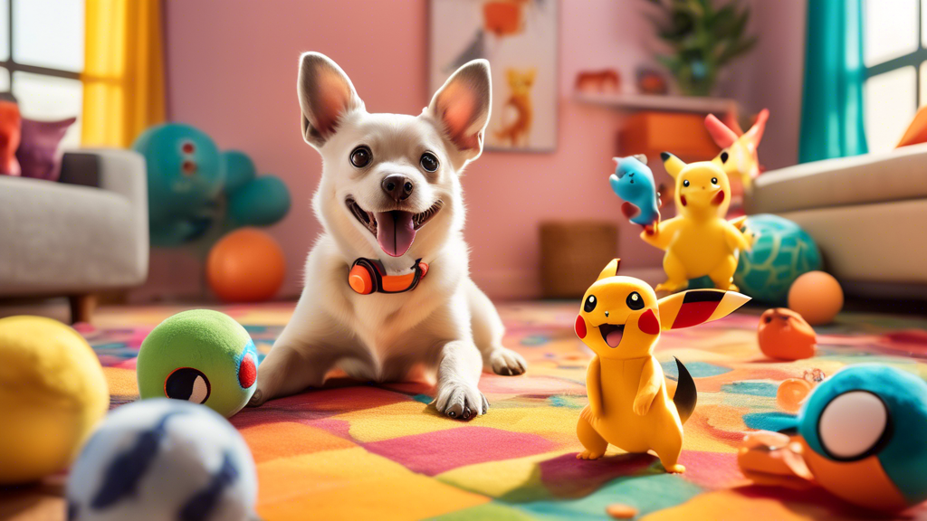 Create an image of a joyful dog playing with a variety of Pokémon-themed dog toys in a colorful, cheerful living room. Toys should include well-known Pokémon characters like Pikachu, Bulbasaur, and Ch