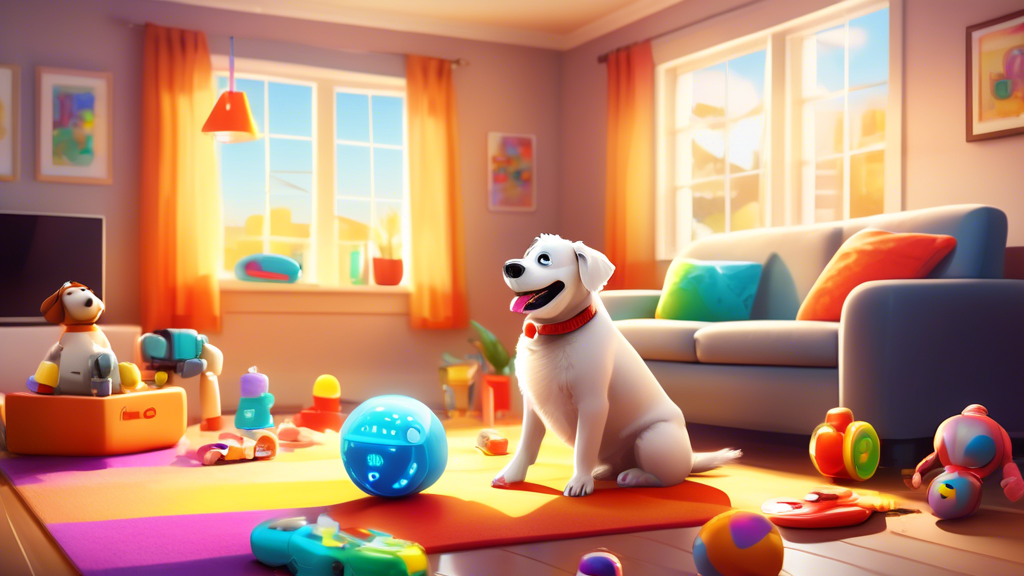 Create an image of a happy dog playing with a variety of colorful, battery-operated toys in a cozy living room setting. The toys include a robotic ball, a squeaky bone with lights, an interactive plus