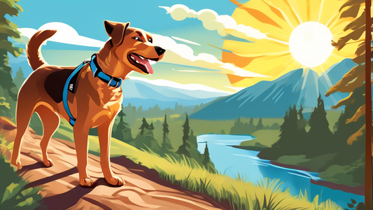 Create an image of a happy, adventurous dog with a stylish, high-quality Arcadia Trail leash exploring a picturesque outdoor setting. The background should feature a vibrant, lush forest with a clear 