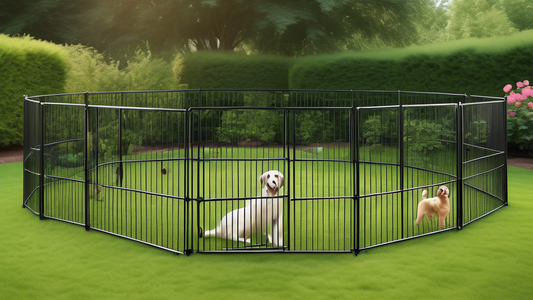 Create a highly detailed image of a 16 panel dog pen setup in a lush, green backyard. Various breeds of happy, playful dogs are inside the pen, with some lounging and others engaging in different acti