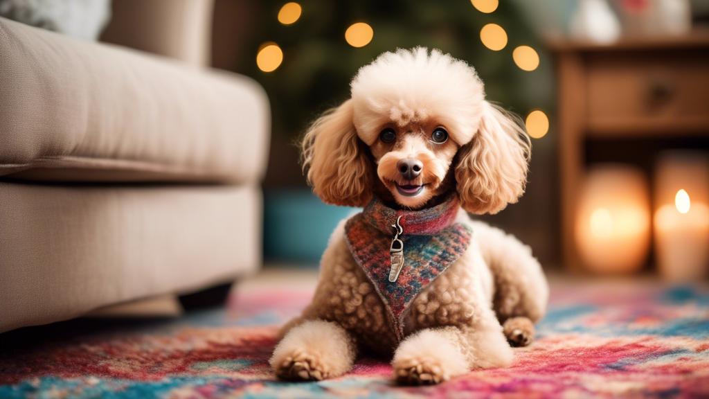Create a heartwarming image of a miniature poodle in a cozy home setting. The poodle should be happily playing with a toy and interacting with a family, showcasing its affectionate and cheerful nature