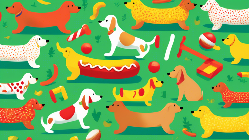 A colorful and vibrant illustration in the style of a playful, engaging magazine cover, titled 'The Ultimate Hot Dog Dog Toy Guide.' The scene features happy dogs of various breeds playing with a vari