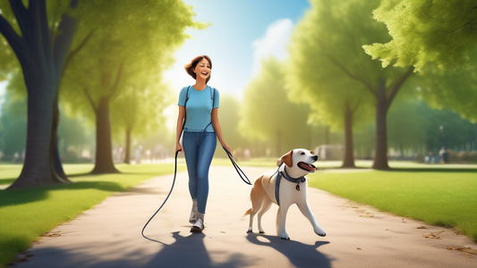 Create an image of a friendly dog with a Halti lead on, walking confidently alongside its owner. The scene should be in a lush, green park with a clear blue sky, showcasing the dog’s attentive and cal