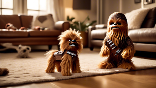 A high-resolution image of a realistic, plush Chewbacca dog toy sitting on a cozy living room floor, next to an excited and happy dog. The toy features detailed fur textures that mimic Chewbacca's ico