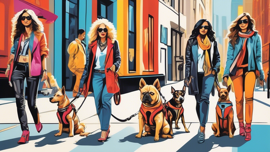 Create a detailed and vibrant image of various dogs wearing stylish and functional harnesses in a chic, urban setting. The dogs should represent a variety of breeds and sizes, each sporting a unique, 