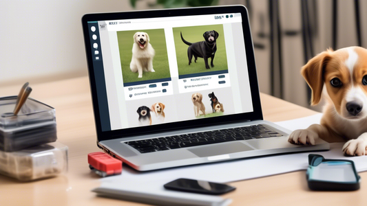 Create an image of a laptop screen showing various online dog training programs. The screen can display multiple video thumbnails featuring trainers with dogs performing different tasks, like sitting,