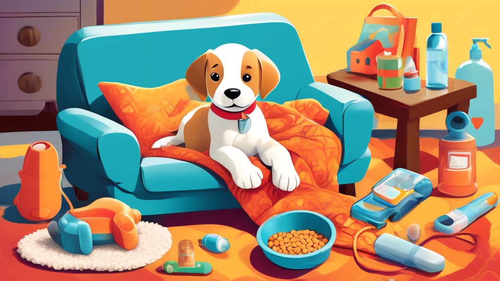 A high-quality illustration of a cheerful new puppy surrounded by essential supplies, including a cozy bed, bowls for food and water, a variety of colorful toys, grooming brushes, a collar with a leas