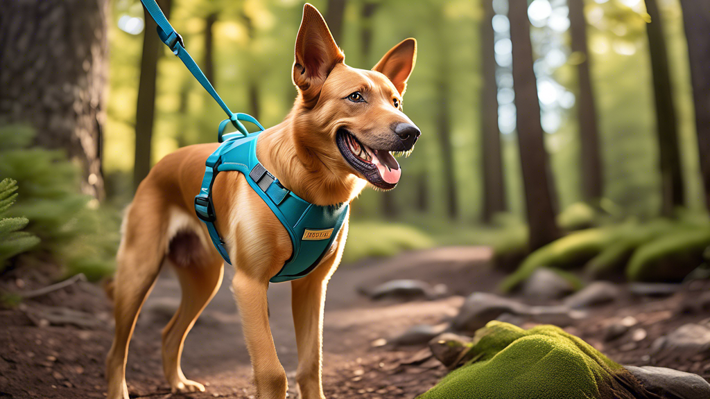 Create an image of a happy dog wearing a sleek, lightweight harness in a vibrant outdoor setting such as a sunny park or a scenic hiking trail. The dog should appear comfortable and active, showcasing