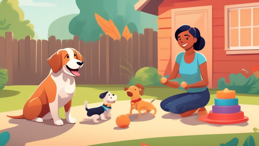 Create an illustration of a cheerful puppy undergoing basic training exercises with a friendly dog trainer. The setting is a vibrant backyard with toys, treats, and obstacles. The trainer is demonstra