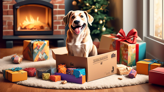 A high-resolution image of a delighted, muscular dog eagerly unboxing a Super Chewer Box, filled with durable toys and nutritious treats. The background features a cozy living room setting, with a sof