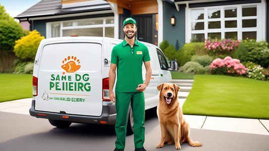 A cheerful delivery person in uniform, holding a package of dog food, standing at the doorstep of a modern suburban house. A happy dog eagerly watches nearby, tail wagging. The delivery van in the bac