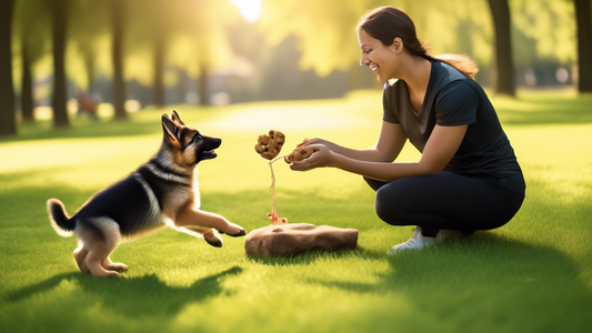 Create an image of a person training a German Shepherd puppy in a park, using positive reinforcement techniques like treats and verbal praise. The scene should be bright and cheerful with lush green g