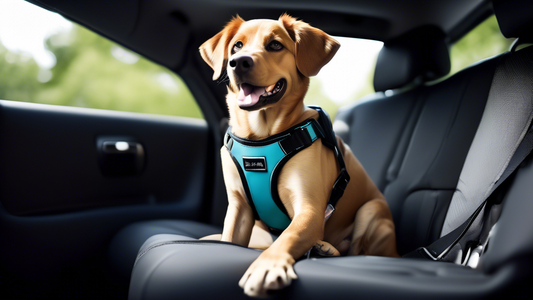 Create an image of a dog comfortably seated in a car, secured with a Sleepypod Clickit Terrain pet car safety harness. The dog appears happy and content, and the interior of the car is modern and slee