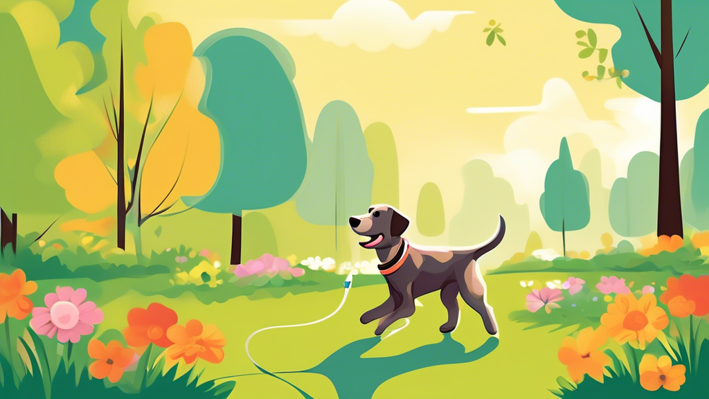 Create an image of a happy dog wearing a high-quality, ergonomic body leash while being walked in a sunny park by its owner. The background should feature lush green grass, blooming flowers, and other