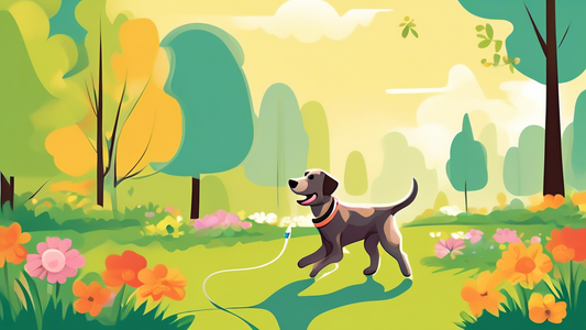 Create an image of a happy dog wearing a high-quality, ergonomic body leash while being walked in a sunny park by its owner. The background should feature lush green grass, blooming flowers, and other
