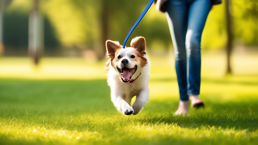 A happy dog on a sunny day outdoors, with a long leash giving it freedom to explore. The dog is actively training with its owner, learning to fetch a ball and return it. The owner is holding the long 