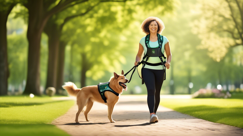 Create an image of a happy, medium-sized dog wearing a comfortable, well-designed weighted harness while walking with its owner in a lush, green park. Show the dog looking fit and energetic, with info
