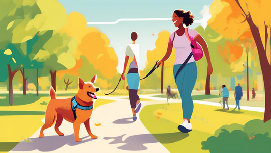 Create an image of a happy dog wearing a PetSafe Easy Walk Harness while walking with its owner in a vibrant, sunny park. The dog looks comfortable and content, and the harness is clearly visible, sho