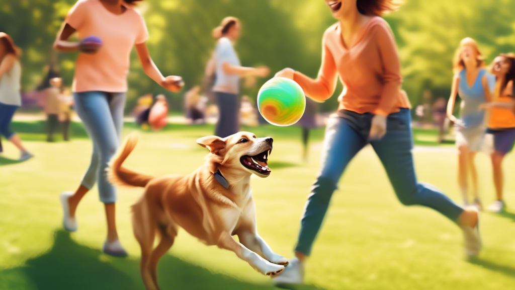 Create an image showcasing a joyful scene in a sunny park where a playful dog is enthusiastically running after a vibrant, durable ball with a sturdy handle attached. A person in casual clothing is pl