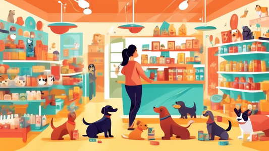 Create an image of a cheerful, well-stocked dog pet shop with a friendly shopkeeper, happy customers, and a variety of products including dog toys, food, and accessories. Show some adorable dogs inter