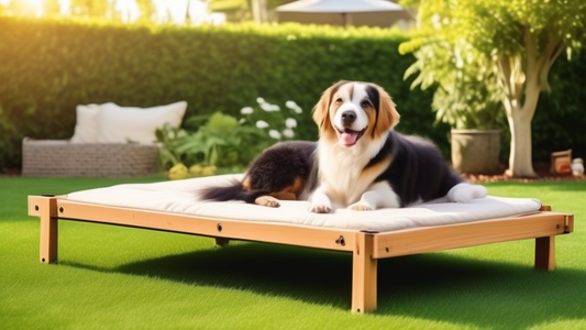 Create an image of a sunny backyard with various types of outdoor dog cots displayed. Each cot should be occupied by different breeds of happy and relaxed dogs. The background should feature green gra