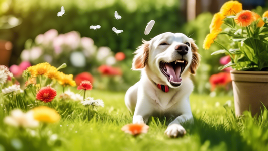 A cheerful dog playing in a sunny backyard, surrounded by green grass and flowers, with no signs of fleas or pests. Highlight various types of flea medications in the foreground, including chewable ta