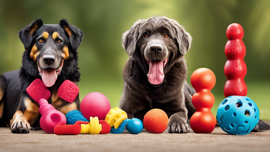 A high-resolution image showcasing a variety of durable KONG dog toys designed for aggressive chewers, displayed on a vibrant pet-friendly backdrop. The toys should include various shapes and textures