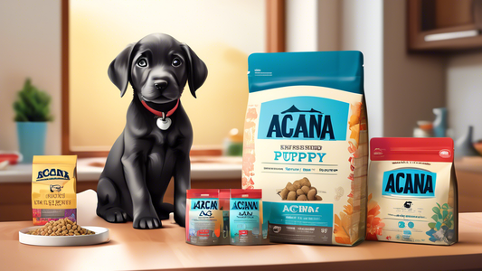 Create an illustration of a happy puppy sitting next to a bowl of Acana puppy food, with various Acana food packages in the background. The setting should be a bright and cozy kitchen, and the puppy s