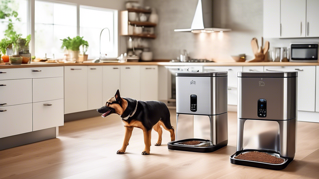 Create an image of a modern kitchen with several different models of high-tech, heavy-duty automatic dog feeders, showcasing their sleek designs and advanced features. The scene should include happy, 