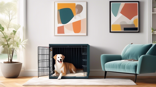 Create a detailed image of a stylish, modern living room with an elegant, contemporary dog crate that blends seamlessly with the room's decor. The crate should have a sleek design, with materials like