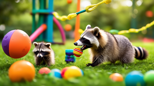 A vibrant and playful scene featuring raccoon dogs happily engaging with a variety of durable, colorful dog toys in a lush, green park. Show the raccoon dogs tugging on ropes, chasing balls, and nibbl