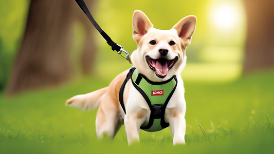 Create an image of a happy, energetic dog wearing a stylish and comfortable Kong dog harness while enjoying an adventure in a lush, green park. The harness should be prominently featured, highlighting