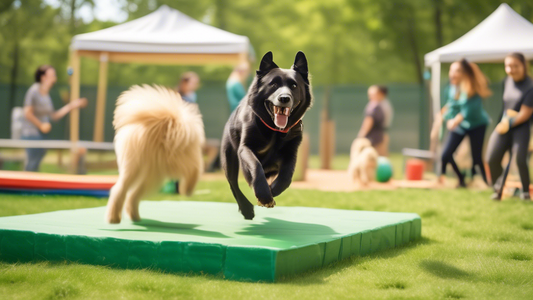 A cheerful, well-groomed dog eagerly participating in a fun and engaging training session at a dog training camp. The scene showcases various activities like obstacle courses, obedience training, and 