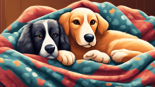 Create a heartwarming image of a cozy blanket designed for pets, featuring a content dog and cat snuggling together on it. The blanket should have paw print patterns and soft, plush textures. Surround