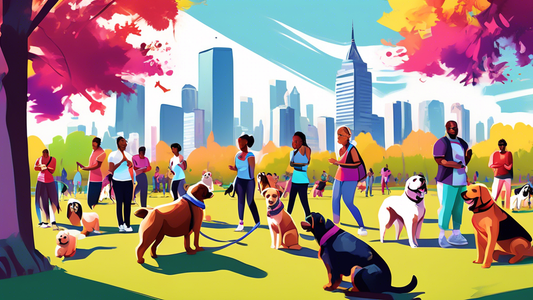 A vibrant digital painting of a diverse group of people smiling and participating in a dog obedience class in a sunny park, with various breeds of dogs wearing colorful bandanas and leashes, trainers 