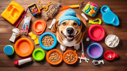 Create an image of a collection of top-rated dog supplies, including a cozy dog bed, colorful chew toys, a durable leash in vibrant colors, a stylish and sturdy dog collar, a variety of nutritious dog