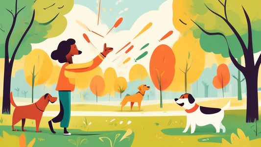 Create an image depicting an enthusiastic dog and its owner in a sunny park. The owner is demonstrating a series of clear hand signals like 'sit,' 'stay,' and 'come,' while the dog responds attentivel