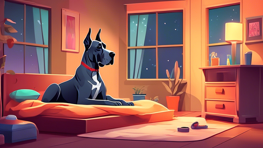 Illustration of a cozy, spacious XXL dog crate designed for large breed dogs, with a happy, relaxed Great Dane comfortably sitting inside. The scene includes thoughtful features like a soft bedding, c
