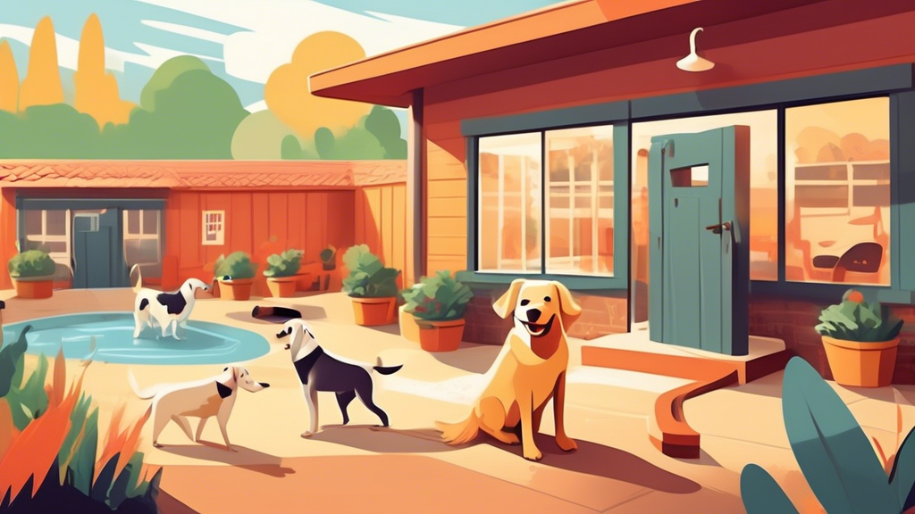 An inviting and clean dog boarding facility filled with happy dogs playing in a spacious outdoor area, supervised by friendly and attentive staff. The scene includes well-maintained kennels, cozy bedd