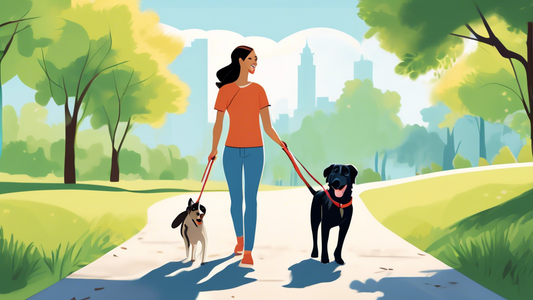 Create an image showcasing a happy dog being walked by an owner using a high-quality Atlas dog leash in a scenic park setting. The leash should appear sturdy, comfortable, and secure, with features su