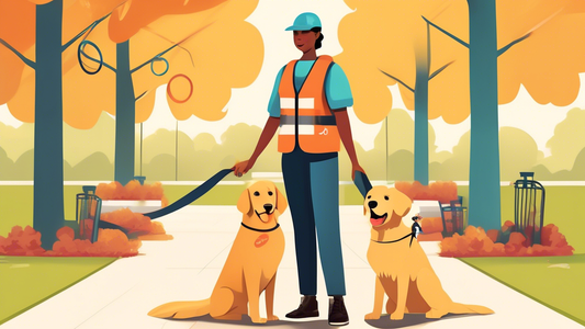 Create an illustration of a friendly and professional dog trainer working with a golden retriever wearing a service dog vest in a sunny, welcoming outdoor park setting. Include nearby onlookers, a ban