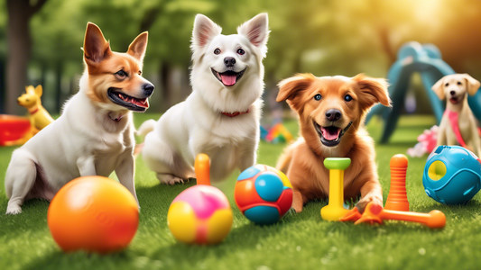 Create an image of a variety of cheerful dogs, each playing with different high-quality, colorful toy sets in a bright and lively park. The dogs should look happy and energetic, with toys such as ball