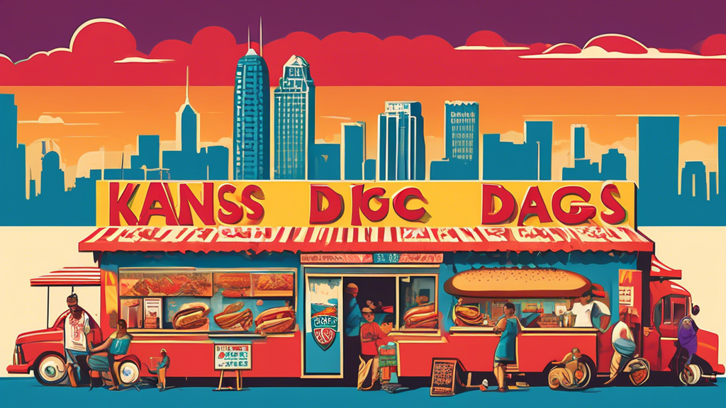 Create an image capturing the vibrant and diverse food scene of Kansas City, featuring the popular KC Dawgz hot dogs stand. Include various food stalls and trucks showcasing a mix of traditional BBQ, 