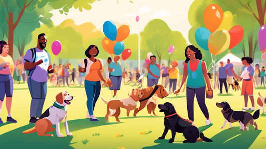 A heartwarming scene where a diverse group of people are gathered in a sunny park, participating in a community event for free service dog training. Instructors are shown guiding the dogs and their fu
