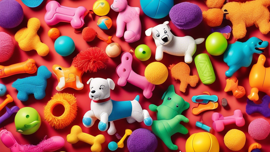 A vibrant image featuring an array of colorful, durable dog toys designed to be stuffed with treats. The toys vary in shapes, such as bones, balls, and puzzles, and are scattered in a playful backyard