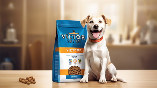 Create an image of a happy, healthy dog sitting proudly beside a bag of Victor Super Premium Dog Food. The dog should exude vitality with a shiny coat and bright eyes, and the dog food bag could have 