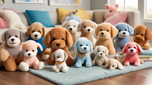 Create a heartwarming scene featuring an array of plush puppy toys in various breeds and colors, arranged in a cozy setting. The plush puppies should have expressive, endearing faces and soft, texture
