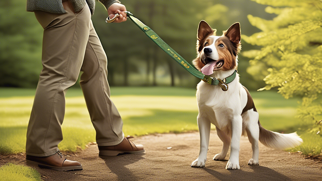 Create an image showcasing a high-quality Orvis dog leash in an outdoor setting. The leash should be attached to a happy, well-groomed dog, and should feature distinct details like a comfortable handl