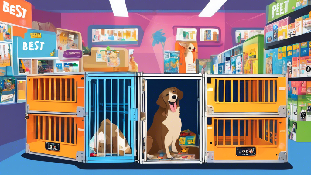 A detailed illustration of various XL travel dog crates displayed in a pet store aisle. Each crate features labels highlighting key features like durability, ventilation, comfort, and portability. In 